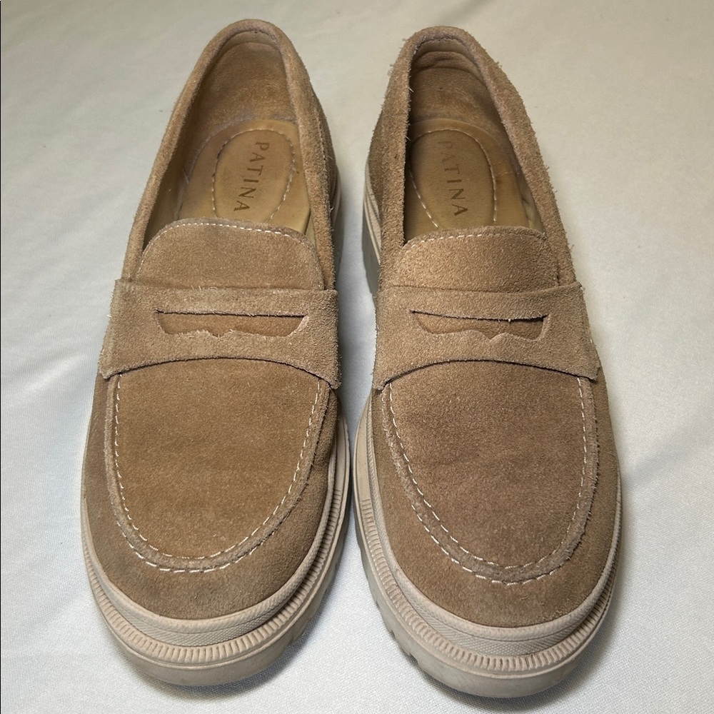 Patina Zoe Suede Slip On Platform Loafers Chunky Tan Round Toe Size 8.5 - Picture 4 of 16